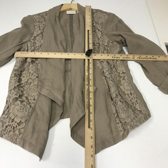 Chicos Jacket Womens Medium Tan Waterfall Open Front Roll Tab Sleeve Lace Panels - Picture 8 of 10